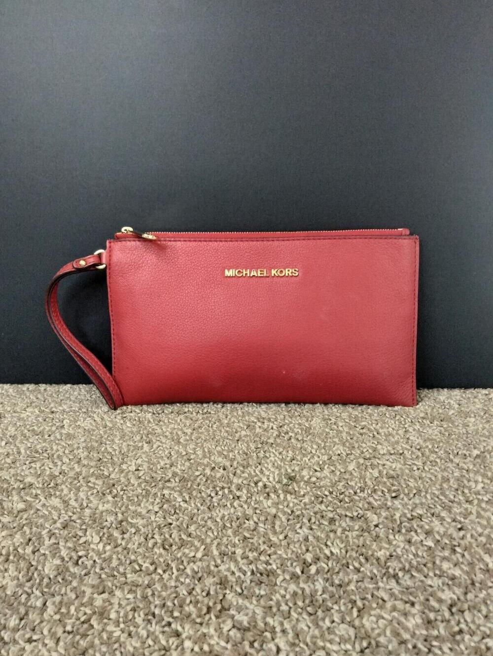 Michael Kors Jet Set Travel Clutch Large - Top Zip Pebbled Leather Red Wristlet